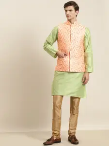 SOJANYA Men Green Striped Kurta with Churidar & Nehru Jacket