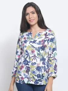 NoBarr Women White & Blue Floral Printed Top