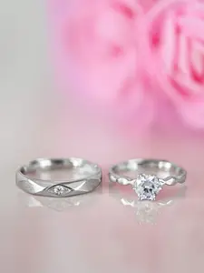 Zavya Set of 2 925 Sterling Silver Rhodium-Plated CZ-Studded Couple Rings