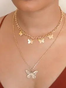 Ayesha Women Gold-Toned Butterfly Pendant Multi Layered Necklace