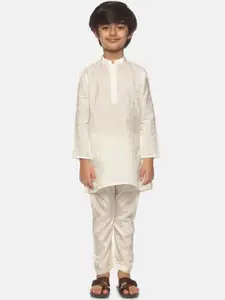 Sethukrishna Boys Cream-Coloured Printed Kurta with Pyjamas