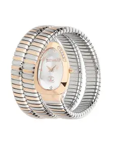 Just Cavalli Women Silver-Toned Brass Dial & Rose Gold Toned Stainless Steel Wrap Around Straps Analogue Watch