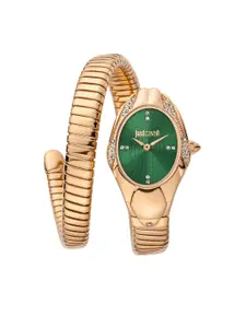 Just Cavalli Women Green Brass Dial & Rose Gold Toned Stainless Steel Wrap Around Straps Analogue Watch
