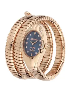 Just Cavalli Women Blue Brass Dial & Rose Gold Toned Wrap Around Straps Analogue Watch