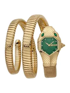 Just Cavalli Women Green Brass Dial & Gold Toned Cuff Straps Analogue Watch JC1L168M0045