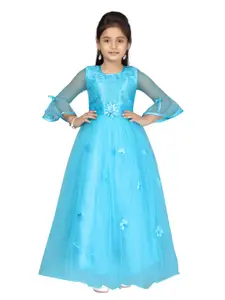 Aarika Girls Turquoise Blue Embellished Net Fit & Flare Maxi Dress