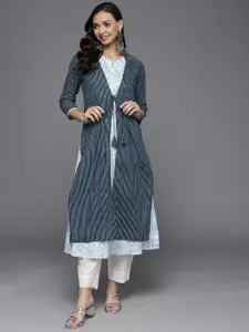 Indo Era Women Blue & White Printed Pure Cotton Kurta with Jacket