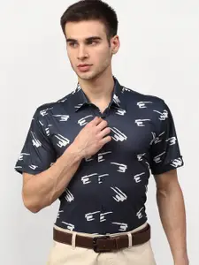 JAINISH Men Navy Blue & White Printed Formal Shirt