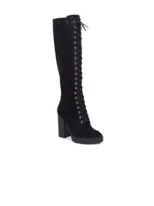 Sole To Soul Women Black Suede High-Top Block Heeled Boots