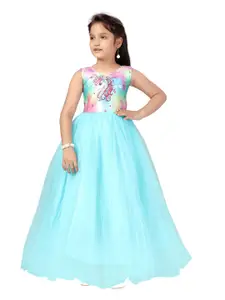 Aarika Girls Turquoise Blue & Pink Unicorn Printed Net Gown Dress
