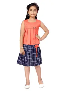 Aarika Girls Peach-Coloured & Navy Blue Top with Skirt