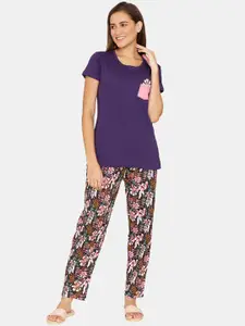 Coucou by Zivame Women Purple & Black Printed Pure Cotton Night suit