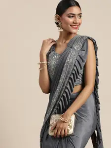 Chhabra 555 Grey & Gold-Toned Self Embroidered Saree