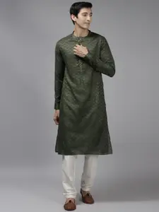 See Designs Men Green Thread Work Kurta with Trousers