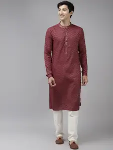 See Designs Men Maroon Thread Work Kurta with Trousers