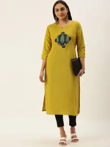 Saanjh Women Mustard Yellow & Navy Blue Ethnic Motifs Print Detail Cotton Straight Kurta