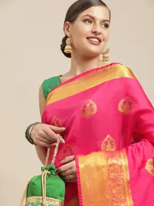 Saree Swarg Pink & Green Ethnic Motifs Zari Silk Blend Banarasi Sarees