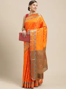 Saree Swarg Orange Ethnic Motifs Zari Silk Blend Banarasi Sarees
