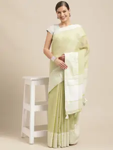 Saree Swarg Green & White Floral Woven Design Linen Blend Banarasi Sarees