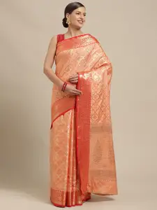 Saree Swarg Peach-Coloured & Gold-Toned Floral Woven Design Silk Blend Banarasi Sarees