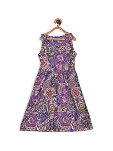 SWEET ANGEL Girls Purple & Pink Paisley Printed Pure Cotton Fit & Flare Dress