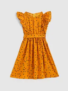 YK Girls Mustard Yellow & Black Polka Dots Printed Crepe Dress