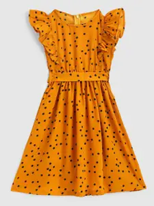 YK Mustard Yellow & Black Printed Polka Dots Crepe Dress