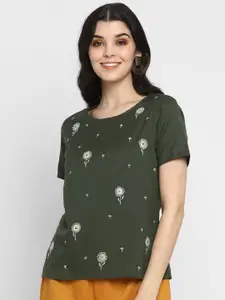 DEEBACO Women Olive Green Floral Embroidered Pure Cotton Top