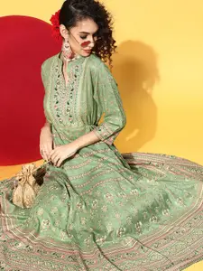 Juniper Women Gorgeous Green Ethnic Motifs Swirling Volume Dress