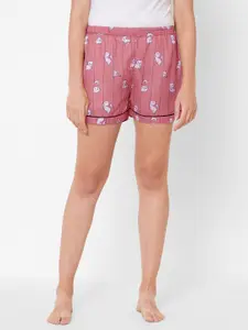 NOIRA Women Pink & White Printed Cotton Lounge Shorts