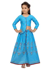 Aarika Girls Turquoise Blue & Red Printed Cotton Ready to Wear Lehenga Choli