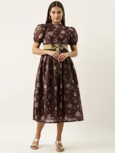 Ethnovog Maroon  Beige Floral Printed A-Line Midi Dress