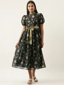 Ethnovog Green  Beige Floral Printed A-Line Midi Dress