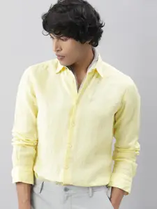 RARE RABBIT Men Yellow Custom Slim Fit Linen Casual Shirt