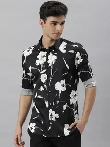 RARE RABBIT Men Black & White Custom Slim Fit Floral Printed Cotton Casual Shirt