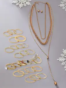 AMI Set of 25 Gold-Plated Layered Chain Necklace With Earrings & Rings