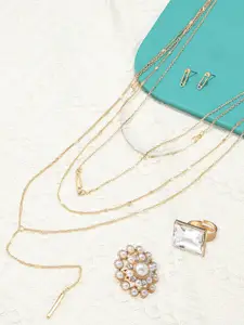 AMI Gold-Toned Gold-Plated Layered Chain with Studded Earrings and Rings Set