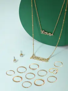 AMI Gold-Plated Layered Chain Necklace With Earrings & Rings Set