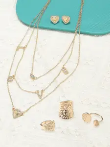 Ami Gold-Tone Layered Gold-Plated Necklace & Earrings With Finger Rings