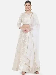 DIVASTRI Women White & Gold-Toned Woven Design Semi-Stitched Lehenga & Blouse with Dupatta