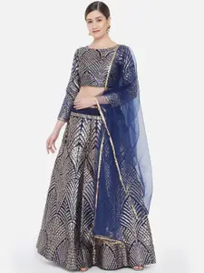 DIVASTRI Navy Blue & Gold Woven Design Ready to Wear Lehenga & Unstitched Choli