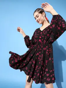 KASSUALLY Women Stylish Black Floral Swirling Volume Dress
