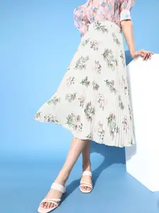 KASSUALLY Women Classic White Floral Pleated Form Skirt