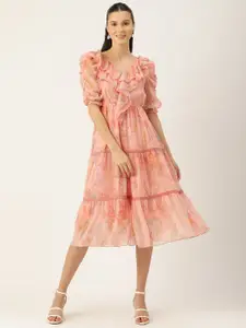 Antheaa Pink Floral Chiffon Midi Dress