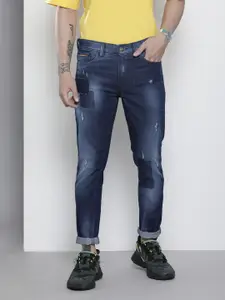 The Indian Garage Co Men Navy Blue Slim Fit Low Distress Light Fade Applique Stretchable Jeans