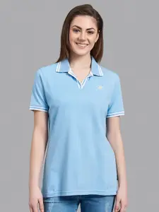 Beverly Hills Polo Club Women Blue & White Polo Collar Applique T-shirt
