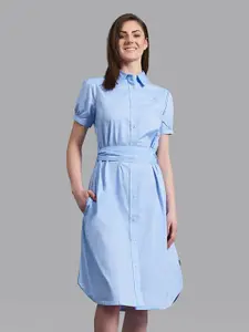 Beverly Hills Polo Club Women Blue Solid Belted Shirt Dress