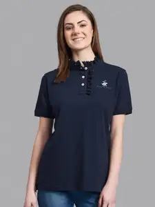 Beverly Hills Polo Club Women Navy Blue Henley Neck T-shirt