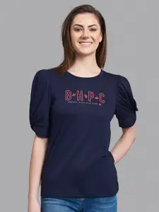 Beverly Hills Polo Club Women Navy Blue Typography Printed Drop-Shoulder Sleeves T-shirt