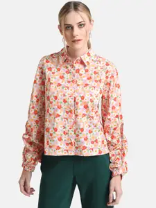 Kazo Women Orange Floral Printed Casual Shirt